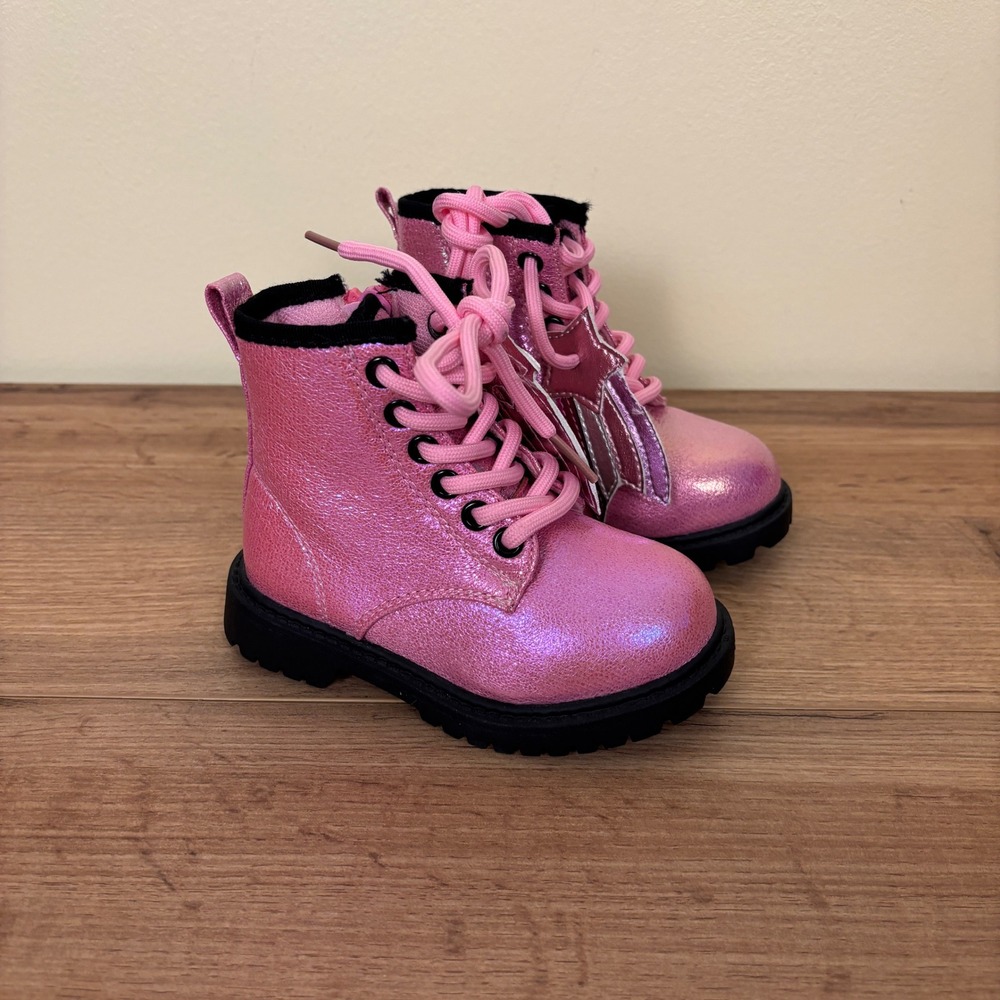 OLIVIA MILLER GIRL Crystal Sky Combat Boots Pink Kids Size 5 Metallic Lace Up